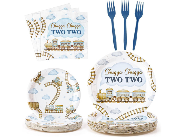 96Pcs Chugga Chugga Two Two Watercolor Train 2nd Year Old Retro Birthday Party Plates Supplies - Party Tableware Decoration Disposable Paper Plate...