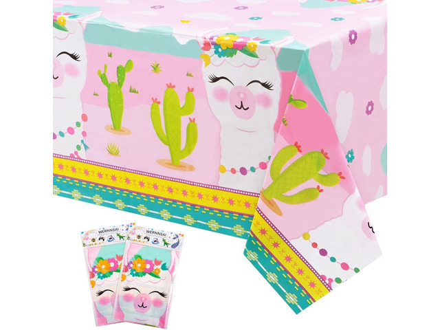 WERNNSAI 2 PCS Llama Table Cloth - Llama Birthday Decorations Alpaca and Cactus Tablecloth Cactus Party Decorations for Kids Girls Pink Birthday...