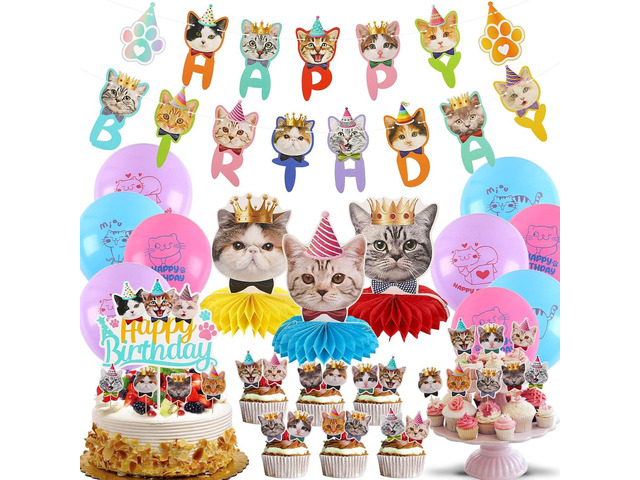 DECYOOL Cat Birthday Party Supplies - 39 Pcs Including 2 Banners, 3 Honeycombs, 9 Balloons and 25 Cupcake Toppers for Kids