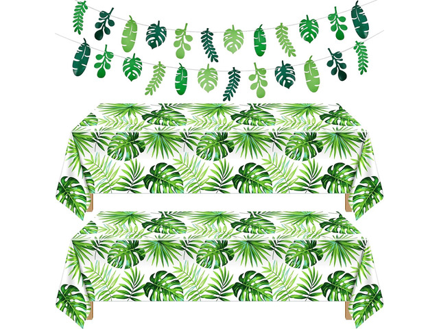 Tatuo 2 Pieces Palm Leaf Table Covers Hawaii Green Leaves Tablecloths Tropical Leaf Table Cloths and 2 Pieces Palm Leaves Banners Decorations for...