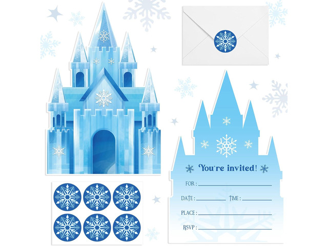 30 Sets Snowflake Castles Birthday Invitations with Envelopes Stickers Winter Snow Themed Invitations for Girl Boy Birthday Party Supplies