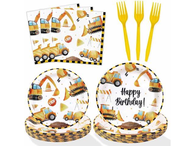 Construction Theme Birthday Party Decorations Plates Set 25 Guests,100 Pcs Plates Napkins Forks Boys Kids Construction Excavator Birthday Party...