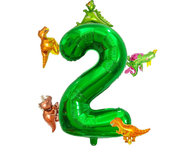 LilyZheng Dinosaur Number 2 Balloon, 40 Inch Dark Green Number Foil Balloon with 5 Mini Dinosaur Balloons for 2nd Birthday Jurassic Theme...
