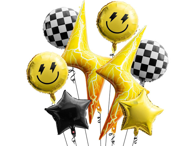 8PCS 18 Inch Smile Party Checkered Helium Balloons, Yellow Smile Face Prppy Theme Birthday Party Decorations, Yellow Lightning Balloons for Wedding...