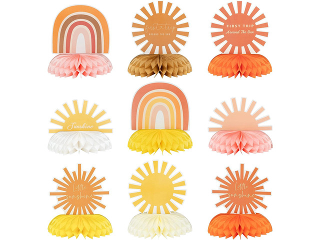 9Pcs Boho Sun Honeycomb Centerpieces Table Toppers Hippie Rainbow Muted Sunrise Table Decor First Trip Around the Sun Birthday Party Decoration...