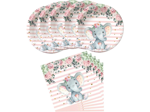 HJFZLY Elephant Baby Shower, Pink Elephant Birthday Party Supplies, 20 Plates and 20 Napkins, Elephant Theme Birthday Party Decoration for Girl
