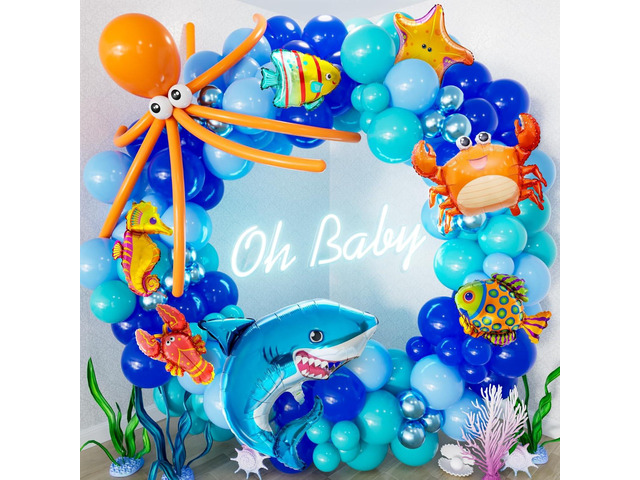 Under The Sea Balloon Arch Garland Kit, 154Pcs Ocean Themed Party Decorations with Blue Balloons, Marine Animals Foil Balloons for Ocean Theme...