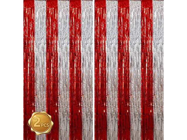 BEISHIDA Red Silver Door Streamers Backdrop Foil Fringe Tinsel Party Streamers Curtains Photo Backdrop - 2Pcs for Valentine's Day Birthday...
