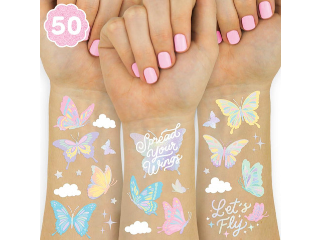 xo, Fetti Pastel Butterfly Temporary Tattoos - 70 Foil Styles Rainbow Fairy Birthday Party Decorations, Monarchs, Heart Favors, Flowers, Garden...