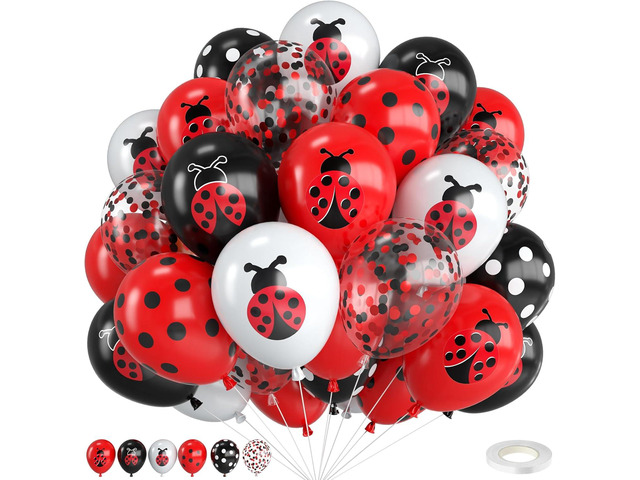 Ladybug Balloons,12 Inch Ladybug Print Red Black White and Polka Dots Balloon with Red Black Confetti for Ladybug Birthday Baby Shower Theme Party...