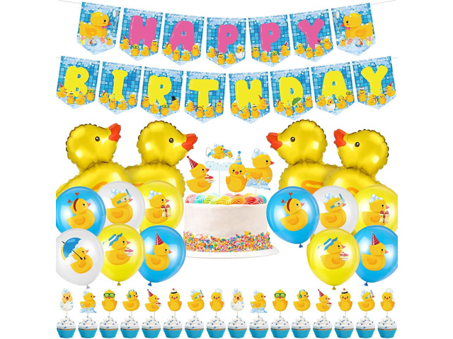 Leitee 57 Pcs Blue Duck Birthday Decorations Balloons Party Happy Birthday Banner Cake Topper Cupcake Toppers Rubber Duck Decor for Birthdays Party...