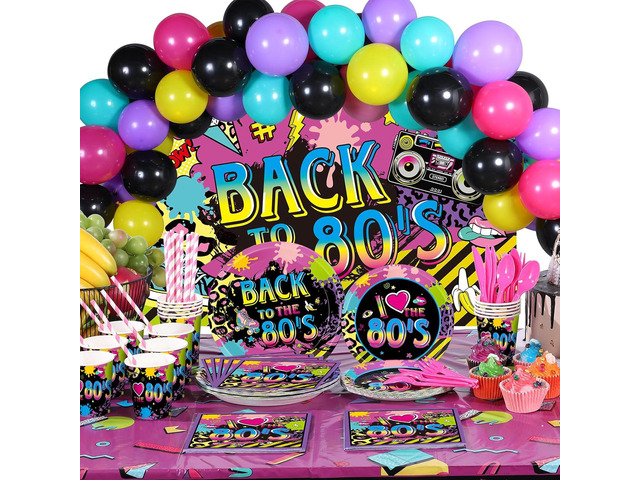Chengu 176 Pcs 80s Party Decorations - 80s 90s Theme Birthday Party Supplies with Back to the 80's Backdrop Banner Funky Table Cover Tableware...