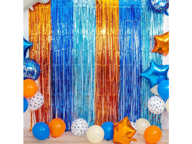 Blue Dog Birthday Party Supplies, 2 Packs 3.3x6.6 ft Foil Fringe Curtains, Orange Light blue Tinsel Metallic Streamers, Photo Booth Props Streamer...