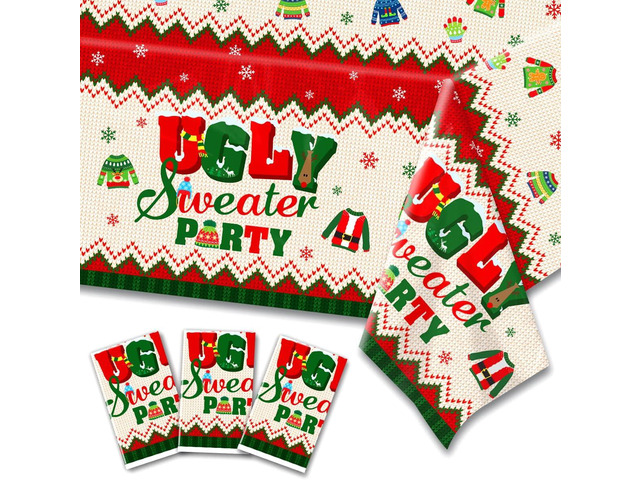 CMUSKO 3Pcs Ugly Sweater Tablecloths-Ugly Sweater Party Decorations Christmas Rectangular Plastic Table Covers for Christmas Party Supplies,Size...
