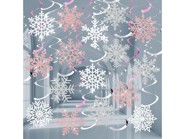 30Pcs Winter Snowflake Hanging Swirl Decorations, Pink White Silver Christmas Glitter Snowflake Hanging Swirls Ornaments Ceiling Streamers for Xmas...