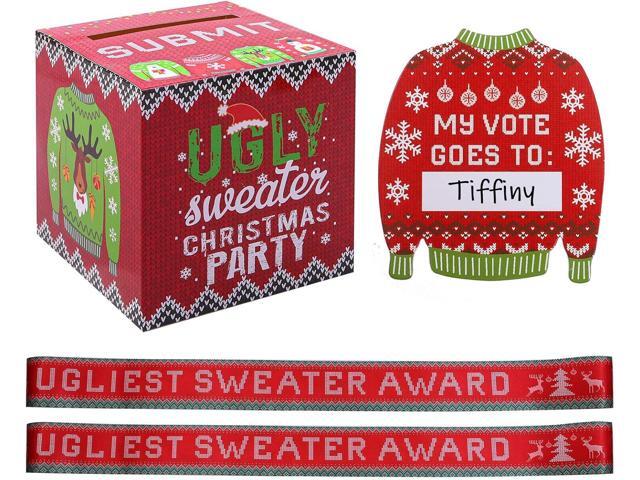 Cooraby Ugly Sweater Contest Ballot Box and 60 Voting Cards, 2 Pieces Sweater Award Sashes for Xmas Decorations Office Holiday Christmas Party.