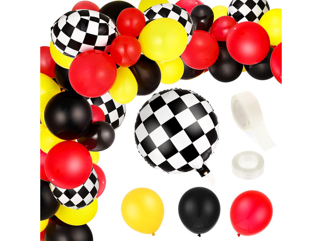 Sumind 121 Pcs Race Car Balloon Garland Arch Kit Race Car Birthday Party Supplies Checkered Foil Red Yellow Black Balloons 18 12 10 5 Inch...