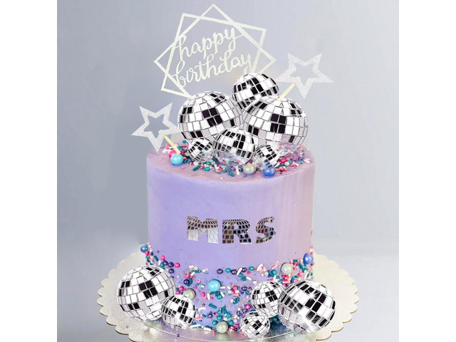 33Pcs Disco Ball Cake Toppers Silver Disco Balls Cake Decorations with Mirror Balls Happy Birthday Cake Topper and Star Cake Toppers for 70s 80s...