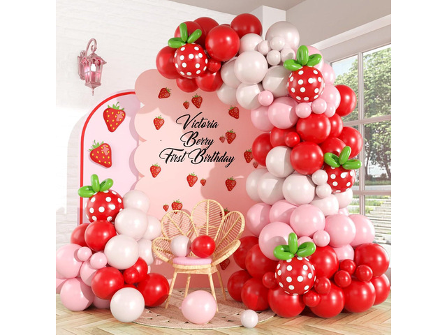 Strawberry Balloon Arch Garland Kit, Red and Hot Pink Balloons with Strawberry Printed and Green Long Latex Balloons for Girls Sweet One Berry...