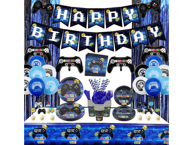 Video Game Party Supplies Set Birthday Decoration for Boys - Including Controller Balloons, Fringe Curtains, Plates, Cups, Napkins, Tableware,...