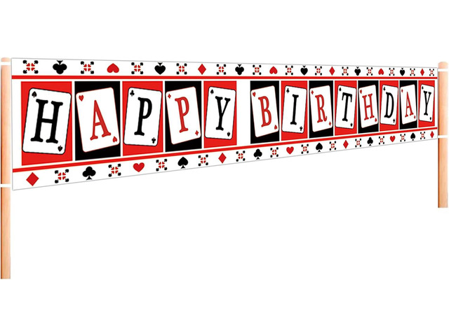 Poker Theme Happy Birthday Banner, Large Casino Birthday Party Decoration, Playing Card Bday Backdrop for Poker Night Party Supplies, Indoor...