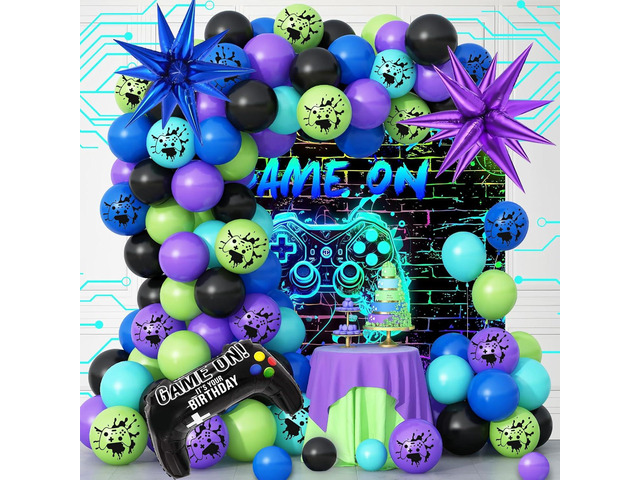120 Pcs Video Game Balloon Garland Arch Kit, Black Blue Purple Light Green Balloons For Cartoon Gaming Night Themed Birthday Decorations Boys Kids...