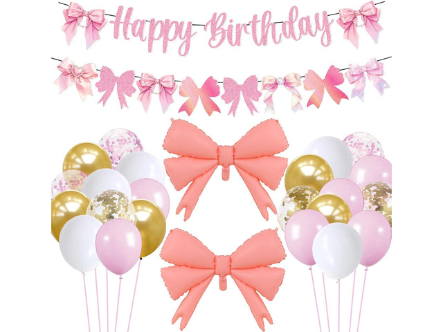 Bow Happy Birthday Banner Set Birthday Decoration Bow Balloon Confetti Latex Balloon Bow Theme Birthday Party Decoration Supplies