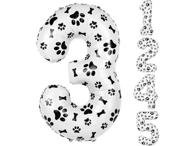 40 Inch Dog Foil Birthday Balloons, Black White Dog Paw and Bone Print Number 3 Balloons for Girls Boys 3th Birthday Party Decorations(Number 3)