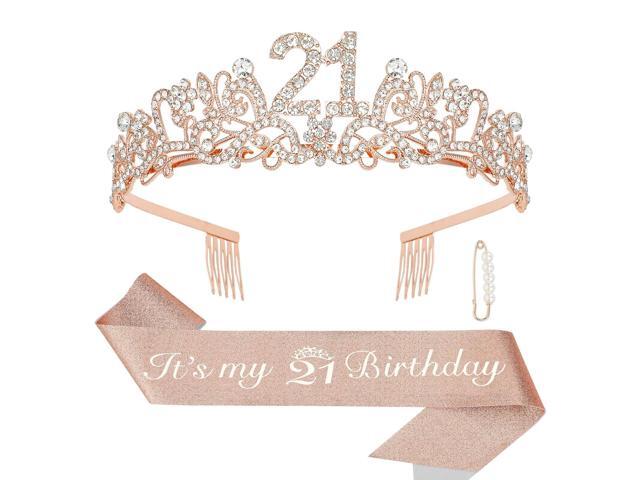Semato 21st Birthday Decorations for Her Sash and Crown Tiara Kit Rose Gold 21st Birthday Gifts for Girls Party Supplies