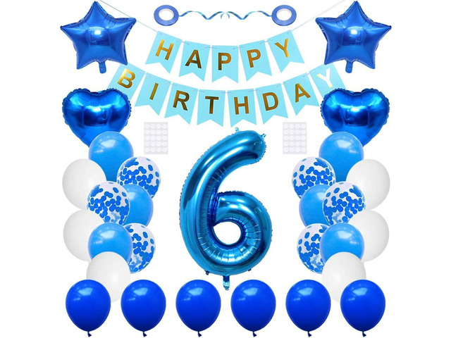 6th Birthday Party Supplies - Blue Foil Balloons, Happy Birthday Banner Kit, Decoration with White Blue Latex Confetti and Star Foil Balloons -...
