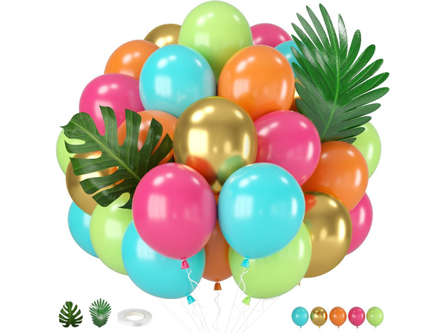 Tropical Balloons, 12 Inch Teal Metallic Gold Orange Pink Hot Fruit Green Balloons with Palm Leaves for Aloha Luau Pool Party Hawaiian Baby Shower...