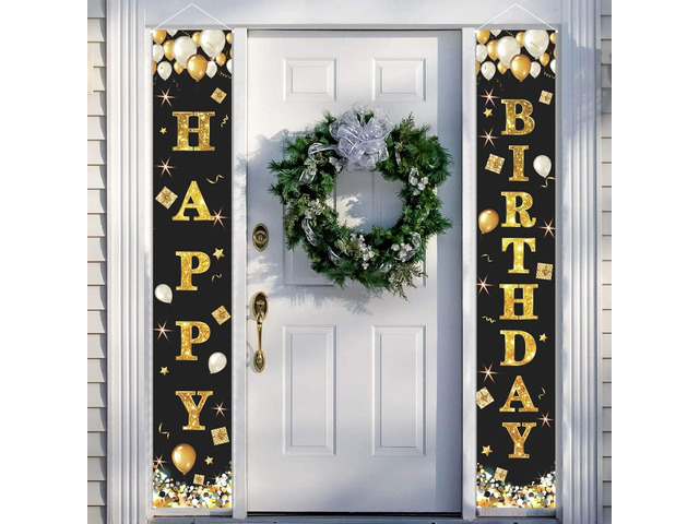 Black Gold Happy Birthday Banner Decorations, Happy Birthday Door Banner Porch Sign Wall Hanging For Outdoor Indoor For Men Women Boys And Girls...