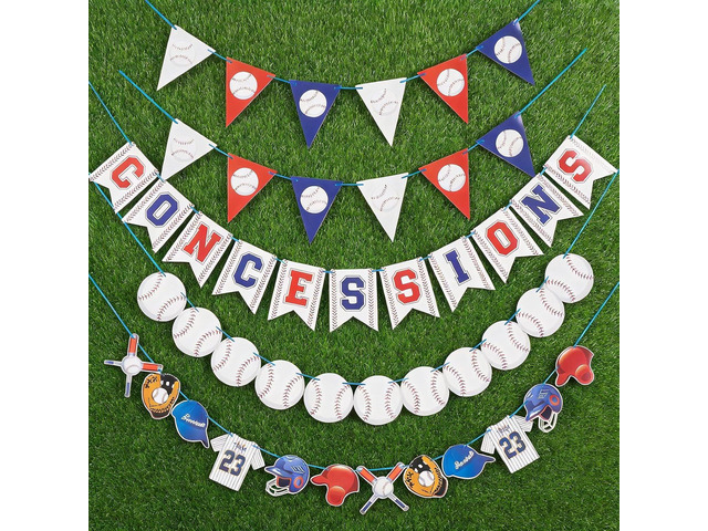 Pre-Strung Baseball Party Decorations with Concessions Banner, Sports Themed Birthday Supplies, Triangle Bunting Pennant Flag
