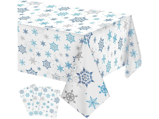Christmas Snowflake Tablecloth Winter Wonderland Table Clothes Plastic Blue and White Winter Holiday Snowflake Table Cover for Christmas Holiday...