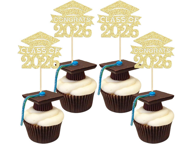 36Pcs 2026 Graduation Cap Cupcake Toppers Glitter Class of 2026 Cupcake Grad Cap Picks Decorations for 2026 Grad Theme Party Supplies Gold