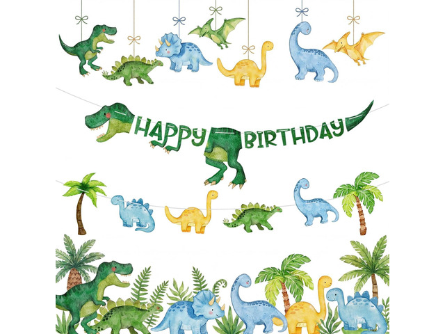 Dinosaur Birthday Decorations Banner - DIY Paper Happy Birthday Banners, Green Animal Dino Bday Sign Garland Backdrop for Dinosaur Themed Indoor...