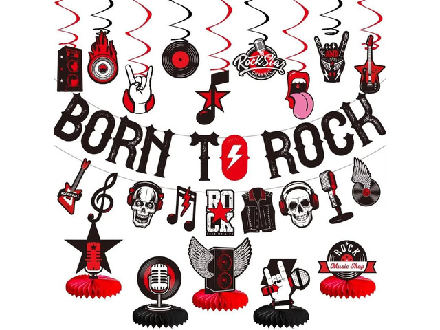LARRAZABAL Rock and Roll Party Decorations Include Born to Rock Glitter Banner, Rock and Roll Hanging Swirls and Honeycomb Centerpieces for...