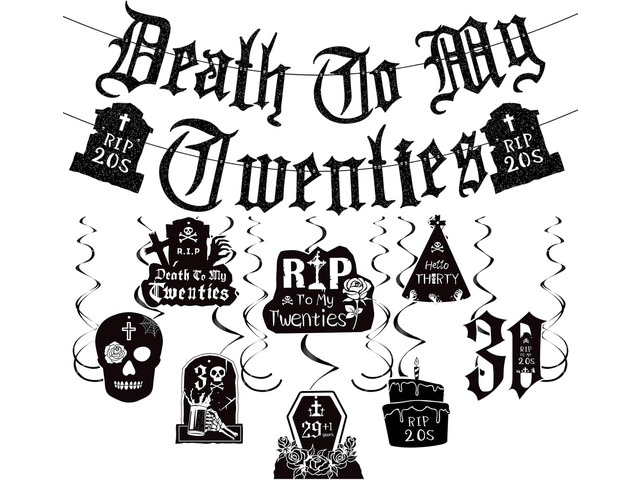 Death to My 20s Decorations - 14pcs Black 30th Birthday Party Decorations Banner Hanging Swirls Rip to My 20s Birthday Decor Party Ceiling Supplies...