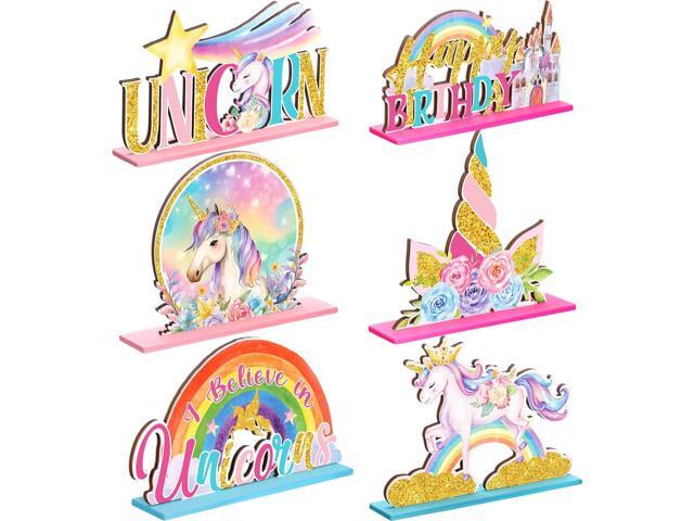 6 Pcs Unicorn Birthday Table Wooden Decorations Unicorn Rainbow Birthday Party Table Decor Pink Photo Props Sign for Girls Baby Shower Party Supplies