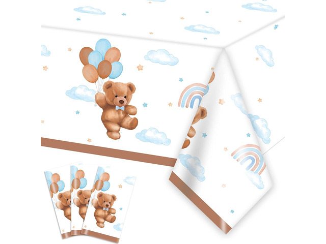 Caisehabu 3 Pieces Teddy Bear Baby Shower Tablecloths Plastic Table Cover, Boho Brown Blue Birthday Party Decorations Supplies for Boys Kids Large...