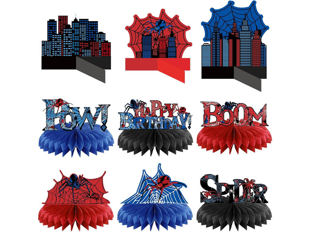 Outus 9 Pcs Spider Birthday Party Decorations Spider Honeycomb Centerpiece 3D Table Topper Standing Decorations Hero Web Theme Party Supplies for...