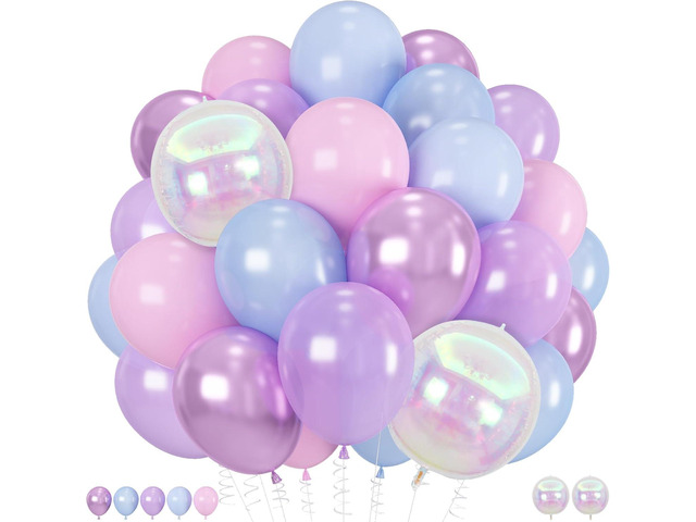 Pink Purple Blue Balloons, 62 Pcs 12 Inch Metallic Pastel Balloons, Pearl Pink Blue Purple Iridescent 4D Foil Balloon for Girls Women Mermaid Music...