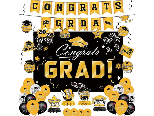 Graduation Decorations 2026 Set - Gold Themed Congrats Grad Banner, Backdrop, Hanging Swirls, Balloons - Complete Party Supplies for High School,...