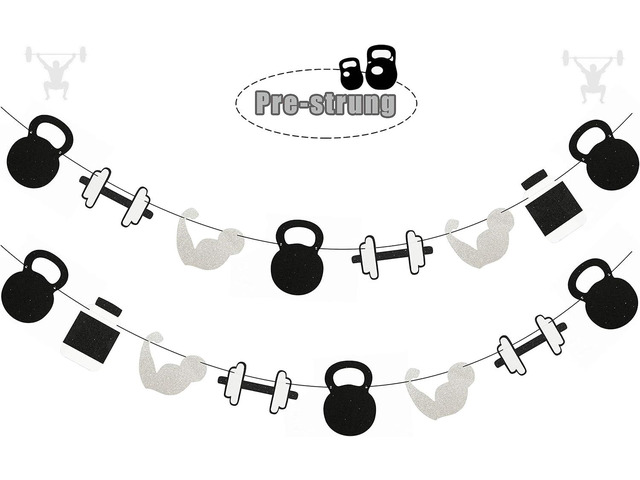Glitter Gym Theme Birthday Banner- Weight Lifting Party Garland for Cross Fit Party, Fitness Themed Birthday Party Supplies