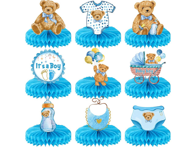 9 Pcs Bear Honeycomb Centerpieces It's a Boy Baby Shower Table Decorations Blue Bear Party Supplies Bear Themed Kids' Party Centerpieces Table...
