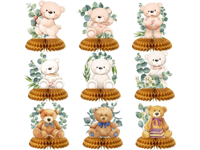 Kajaia 9 Pieces Bear Baby Shower Honeycomb Centerpieces Paper Bear Table Decorations Baby Shower Decorations Table Toppers for Birthday Party...