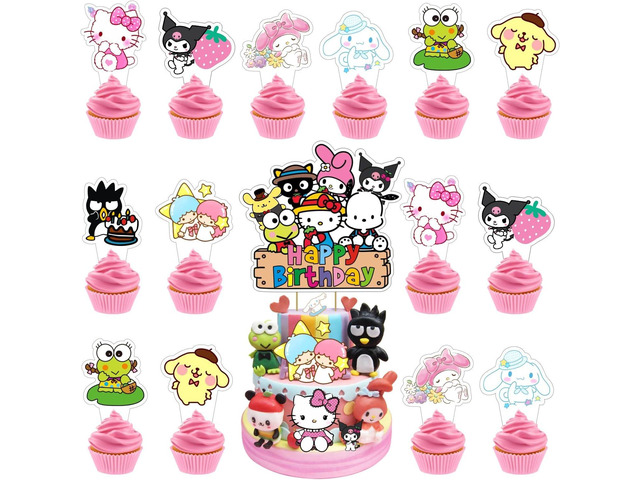 25 Pcs Kitty and His Friends Cake Topper and Cupcake Toppers Set Birthday Party Supplies for Kawaii Themed Birthday Decorations