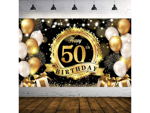 Happy 50th Birthday Decoration Backdrop Banner Black Gold Extra Large Fabric Birthday Sign Poster Photography Background 50 Year Birthday Party...