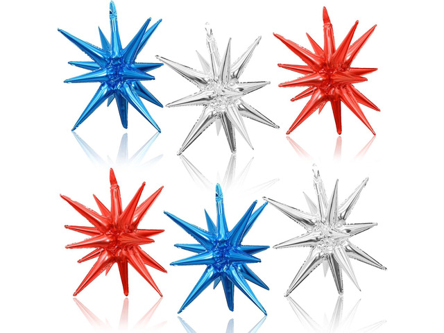 Red Blue Silver Star Balloons, 22 Inch Foil Explosion Star Balloons, Large Spike Balloons Star Cone Balloons, for Birthday Graduation 4th of July,...