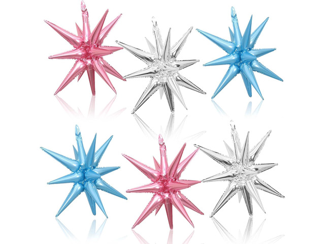 Pink Blue Silver Star Balloons, 22 Inch Foil Explosion Star Balloons, Large Cone Spike Balloon for Birthday Gender Reveal Baby Shower Wedding...